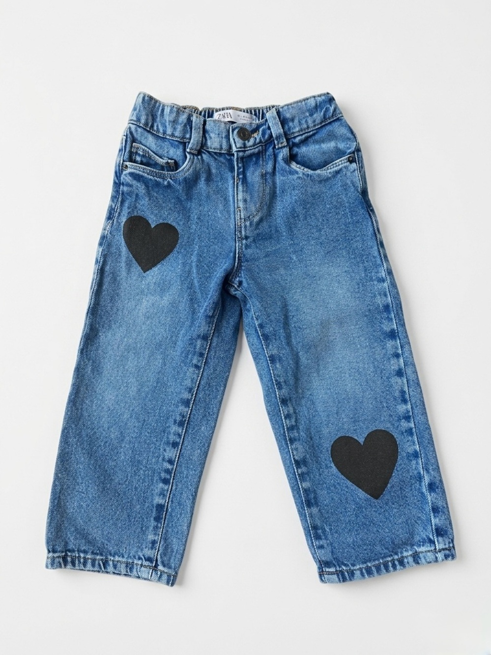 Zara Kids Heart Patch Wide Leg Jeans Blue Denim Elastic Waist Girls Size 4T 4